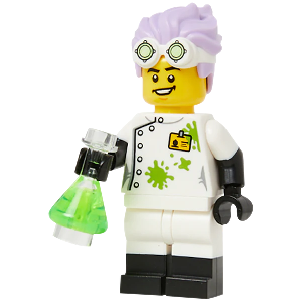 Display of LEGO BAM Mad Scientist with beaker