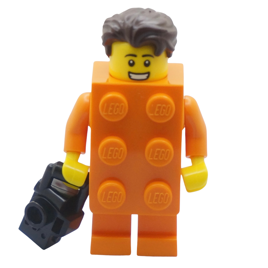 Display of LEGO BAM Minifigure Orange Brick Suit Guy