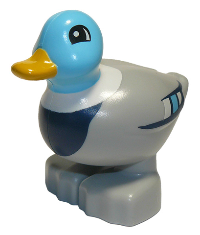 Display of LEGO part no. bb0647c01pb03 which is a Light Bluish Gray Duplo Duck Male with Medium Azure Head 