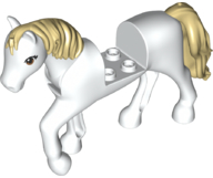 Display of LEGO part no. bb1279c01pb04 which is a White Horse with 2 x 2 Cutout and Movable Neck with Molded Tan Tail and Mane and Printed Eyes Pattern 