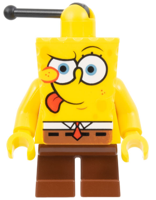 This LEGO minifigure is called, SpongeBob, Intent Look, Tongue Out . It's minifig ID is bob008.