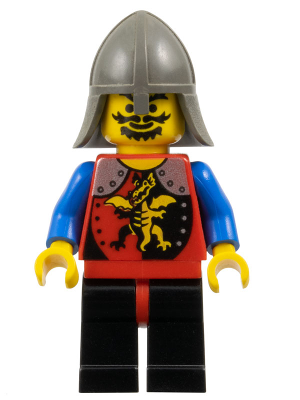 This LEGO minifigure is called, Dragon Knights, Knight 2, Black Legs with Red Hips, Dark Gray Neck-Protector . It's minifig ID is cas016.