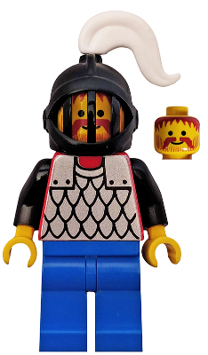 This LEGO minifigure is called, Scale Mail, Red with Black Arms, Blue Legs, Black Grille Helmet, White Plume . It's minifig ID is cas067.