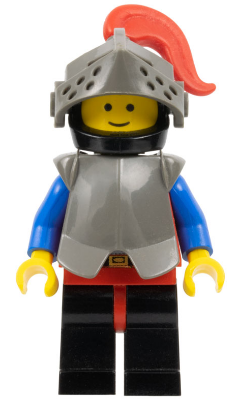This LEGO minifigure is called, Breastplate, Armor over Red, Black Helmet, Dark Gray Visor, Red Plume . It's minifig ID is cas170.