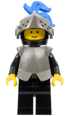 This LEGO minifigure is called, Breastplate, Armor over Black, Black Helmet, Dark Gray Visor, Blue 3-Feather Plume . It's minifig ID is cas173.