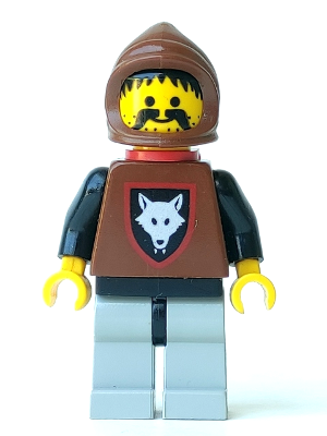This LEGO minifigure is called, Wolfpack, Moustache, Black Arms and Light Gray Legs, Brown Hood and Red Cape . It's minifig ID is cas252.
