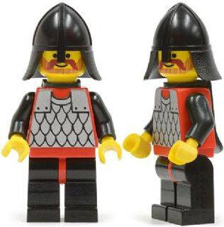 This LEGO minifigure is called, Scale Mail, Red with Black Arms, Black Legs with Red Hips, Black Neck-Protector, Black Plastic Cape . It's minifig ID is cas318.