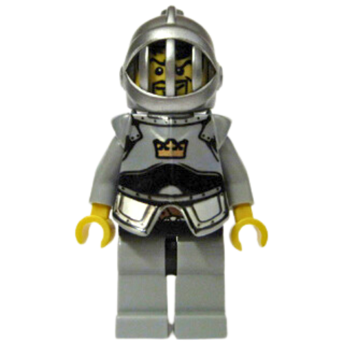 This LEGO minifigure is called, Fantasy Era, Crown Knight Scale Mail with Crown, Breastplate, Grille Helmet, Curly Eyebrows and Goatee . It's minifig ID is cas419.
