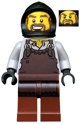 This LEGO minifigure is called, Kingdoms, Blacksmith with Dark Brown Apron . It's minifig ID is cas492.