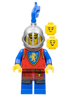 This LEGO minifigure is called, Lion Knight, Female, Flat Silver Helmet with Fixed Grille, Blue Plume . It's minifig ID is cas567.