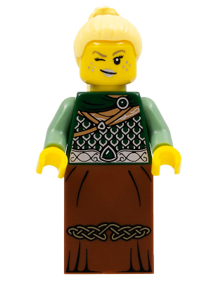 This LEGO minifigure is called, Warrior, Female with Scale Mail, Reddish Brown Skirt, Bright Light Yellow Hair, Silver Lips . It's minifig ID is col263.