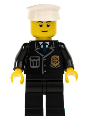 This LEGO minifigure is called, Police, City Suit with Blue Tie and Badge, Black Legs, White Hat, Black Eyebrows, Thin Grin . It's minifig ID is cty0005a.