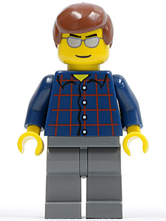 This LEGO minifigure is called, Plaid Button Shirt, Dark Bluish Gray Legs, Reddish Brown Male Hair, Silver Sunglasses . It's minifig ID is cty0103.