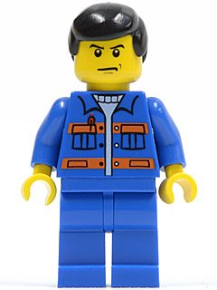 This LEGO minifigure is called, Blue Jacket with Pockets and Orange Stripes, Blue Legs, Black Male Hair . It's minifig ID is cty0139.