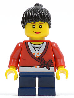 This LEGO minifigure is called, Sweater Cropped with Bow, Heart Necklace, Dark Blue Short Legs, Black Female Hair Ponytail . It's minifig ID is cty0193.