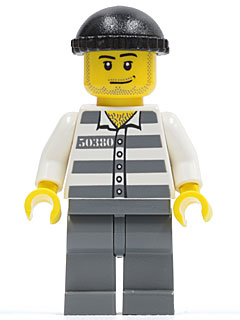 This LEGO minifigure is called, Police, Jail Prisoner 50380 Prison Stripes, Dark Bluish Gray Legs, Black Knit Cap, Smirk and Stubble Beard . It's minifig ID is cty0200.