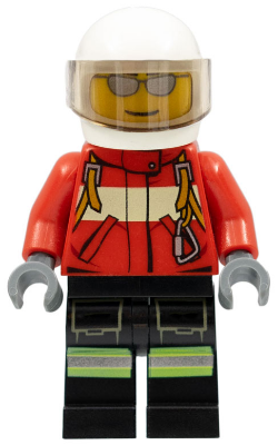 This LEGO minifigure is called, Fire, Pilot Male, Red Fire Suit with Carabiner, Reflective Stripes on Black Legs, White Helmet, Silver Sunglasses . It's minifig ID is cty0349.