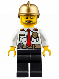 This LEGO minifigure is called, Fire Chief, White Shirt with Tie and Belt, Black Legs, Gold Fire Helmet . It's minifig ID is cty0350.