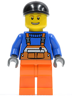 This LEGO minifigure is called, Overalls with Safety Stripe Orange, Orange Legs, Black Short Bill Cap, Brown Eyebrows, Open Mouth Smile . It's minifig ID is cty0365.