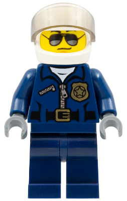 This LEGO minifigure is called, Police, City Helicopter Pilot, Sunglasses, Black Eyebrows . It's minifig ID is cty0487a.