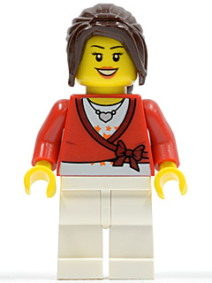 This LEGO minifigure is called, Sweater Cropped with Bow, Heart Necklace, White Legs, Dark Brown Hair Ponytail Long with Side Bangs . It's minifig ID is cty0504.