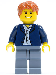 This LEGO minifigure is called, Dark Blue Jacket, Light Blue Shirt, Sand Blue Legs, Dark Orange Short Tousled Hair . It's minifig ID is cty0506.