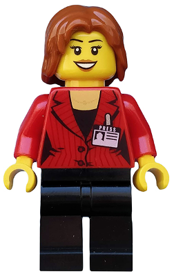 This LEGO minifigure is called, Press Woman / Reporter, Black Legs, Dark Orange Mid-Length Tousled Hair . It's minifig ID is cty0510.