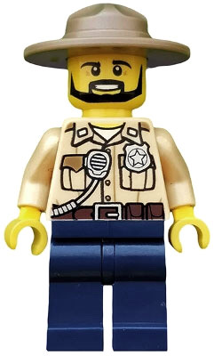 This LEGO minifigure is called, Swamp Police, Officer, Shirt, Dark Tan Hat, Black Beard . It's minifig ID is cty0517.