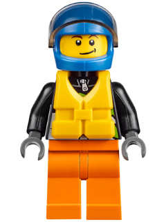 This LEGO minifigure is called, Xtreme Powerboat Driver, Male, Brown Dimple, Black Racing Jacket, Orange Legs, Blue Standard Helmet, Yellow Life Jacket . It's minifig ID is cty0542.