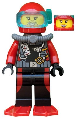 This LEGO minifigure is called, Scuba Diver, Female, Red Flippers . It's minifig ID is cty0559.