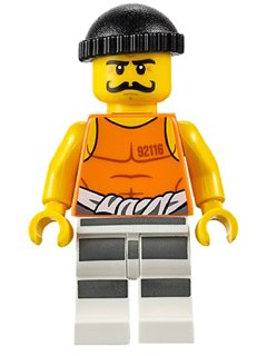 This LEGO minifigure is called, Police, Jail Prisoner 92116 Undershirt, Striped Legs, Black Knit Cap . It's minifig ID is cty0612.