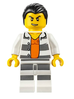 This LEGO minifigure is called, Police, Jail Prisoner Shirt with Prison Stripes and Orange Undershirt, Striped Legs, Hair Combed . It's minifig ID is cty0613.