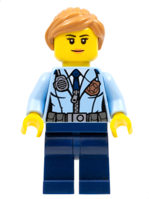 This LEGO minifigure is called, Police, City Officer Female, Jacket with Dark Blue Tie, Radio and Gold Badge, Dark Blue Legs, Medium Nougat Ponytail and Swept Sideways Fringe . It's minifig ID is cty0620.