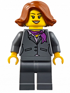 This LEGO minifigure is called, Dark Bluish Gray Jacket with Magenta Scarf, Dark Bluish Gray Legs, Dark Orange Female Hair Short Swept Sideways (Ferry Passenger) . It's minifig ID is cty0623.