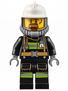 This LEGO minifigure is called, Fire, Reflective Stripes with Utility Belt, White Fire Helmet, Breathing Neck Gear with Air Tanks, Trans-Brown Visor, Goatee . It's minifig ID is cty0626.