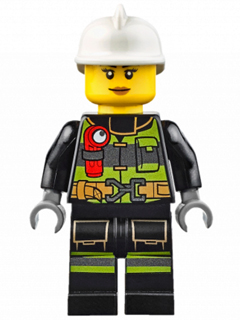 This LEGO minifigure is called, Fire, Reflective Stripes with Utility Belt and Flashlight, White Fire Helmet, Peach Lips . It's minifig ID is cty0627.