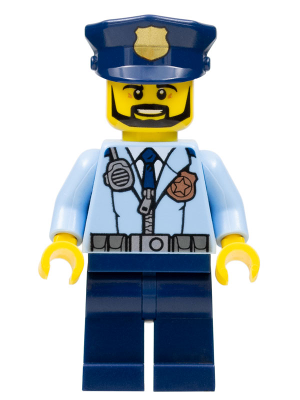 This LEGO minifigure is called, Police, City Officer, Zipper Jacket and Badge, Prison Island Police Chief . It's minifig ID is cty0633.