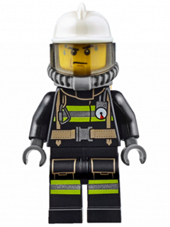 This LEGO minifigure is called, Fire, Reflective Stripes with Utility Belt, White Fire Helmet, Breathing Neck Gear with Air Tanks, Trans-Brown Visor, Sweat Drops . It's minifig ID is cty0637.