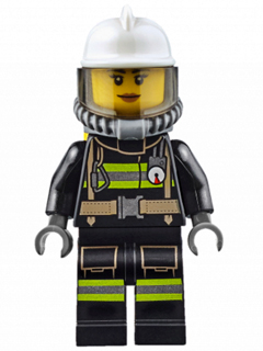 This LEGO minifigure is called, Fire, Reflective Stripes with Utility Belt, White Fire Helmet, Breathing Neck Gear with Air Tanks, Trans-Brown Visor, Peach Lips Smile . It's minifig ID is cty0638.