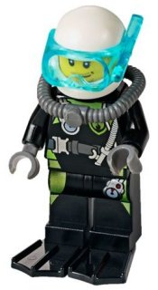 This LEGO minifigure is called, Fire, Scuba Diver, Black Flippers, Dark Bluish Gray Scuba Tank, White Helmet, Trans-Light Blue Scuba Mask . It's minifig ID is cty0639.