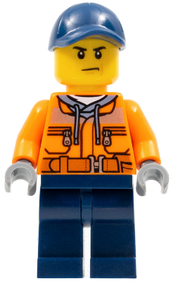 This LEGO minifigure is called, Construction Worker, Male, Orange Safety Jacket, Reflective Stripe, Sand Blue Hoodie, Dark Blue Legs, Dark Blue Cap with Hole, Scowl . It's minifig ID is cty0641.