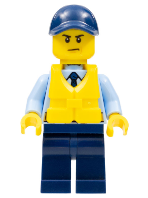 This LEGO minifigure is called, Police, City Officer, Life Jacket, Scowl . It's minifig ID is cty0644.