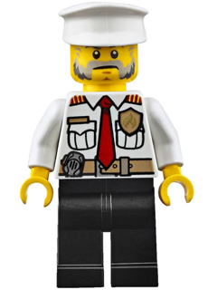 This LEGO minifigure is called, Fire Boat Captain, White Shirt with Red Tie, Badge, Belt, Black Legs, White Police Hat . It's minifig ID is cty0647.