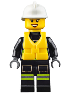 This LEGO minifigure is called, Fire, Reflective Stripes with Utility Belt and Flashlight, Life Jacket, White Fire Helmet, Peach Lips Open Mouth Smile . It's minifig ID is cty0650.