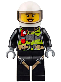 This LEGO minifigure is called, Fire, Reflective Stripes with Utility Belt and Flashlight, White Helmet, Trans-Brown Visor, Peach Lips Open Mouth Smile . It's minifig ID is cty0651.