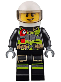 This LEGO minifigure is called, Fire, Reflective Stripes with Utility Belt and Flashlight, White Helmet, Trans-Brown Visor, Lopsided Grin . It's minifig ID is cty0652.