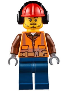 This LEGO minifigure is called, Fire, Male, Orange Safety Vest, Reflective Stripes, Reddish Brown Shirt, Dark Blue Legs, Red Construction Helmet with Black Ear Protectors / Headphones, Stubble . It's minifig ID is cty0653.