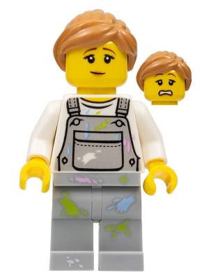 This LEGO minifigure is called, Fence Painter, Female, Light Bluish Gray Overalls with Paint Splotches, Medium Nougat Ponytail . It's minifig ID is cty0661.