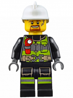 This LEGO minifigure is called, Fire, Reflective Stripes with Utility Belt and Flashlight, White Fire Helmet, Dark Orange Moustache and Goatee, Splotches . It's minifig ID is cty0669.