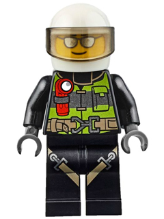 This LEGO minifigure is called, Fire, Reflective Stripes with Utility Belt and Flashlight, White Helmet, Trans-Brown Visor, Silver Sunglasses . It's minifig ID is cty0670.